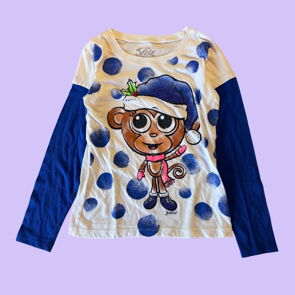 Y2K Justice Girls Polka Dot Monkey Glitter Graphic Baby Tee Kidcore #17